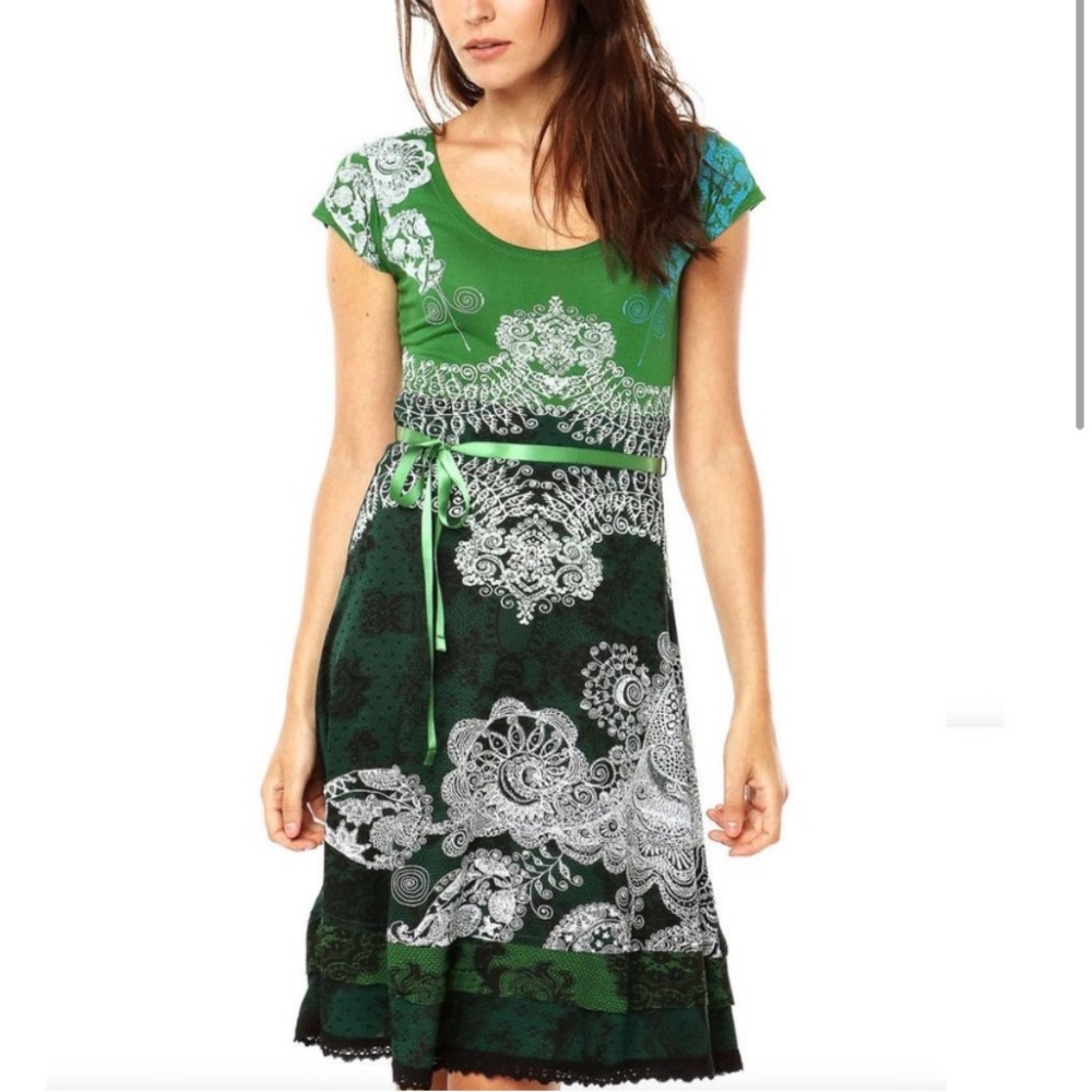 Desigual Green Artsy Liz Knit Verde Mckennan Paris Ribbon Tie Viscose Dress S/M
